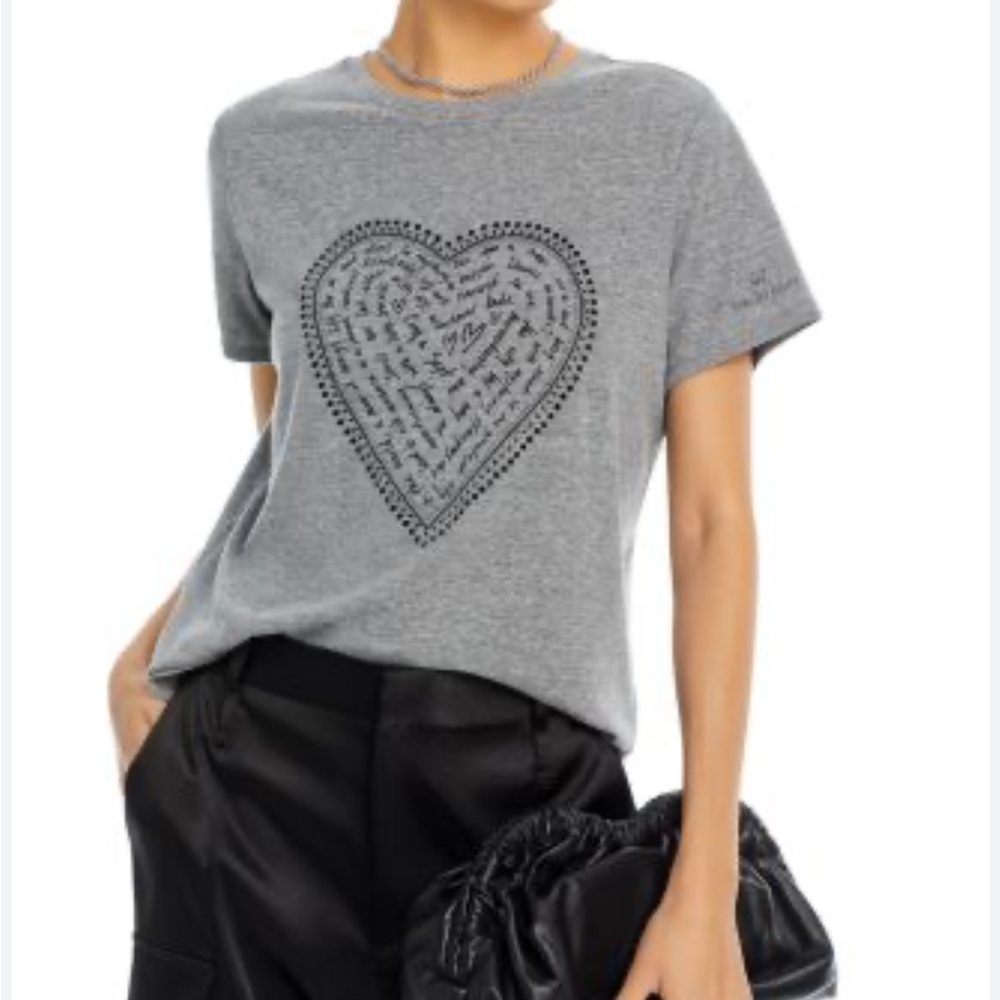 Cinq a Sept Rhinestone Heart Graphic Tee Grey Crewneck Embellished Top Sz XS